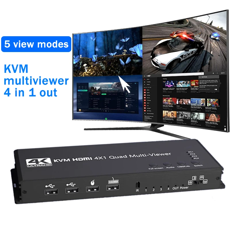 4K HDMI przełącznik KVM 4x1 Quad wielu przeglądarka 4 w 1 na zewnątrz KVM HDMI procesor ekran Multiviewer bez szwu dla 4 szt akcji klawiatura z