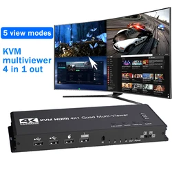 4K HDMI KVM Switch 4x1 Quad Multi Viewer 4 in 1 Out KVM HDMI Processor Screen Multiviewer Seamless for 4 PC Share Mouse Keyboard