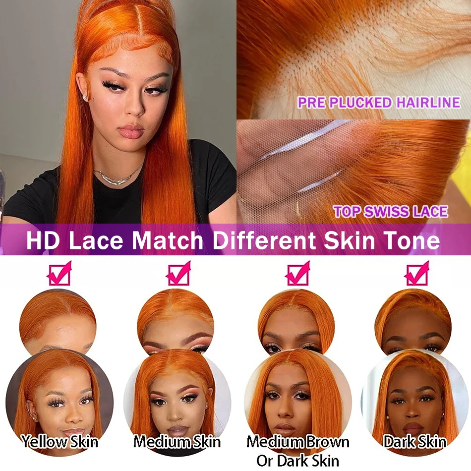 250 Dichtheid Recht Gember Oranje Menselijk Haar Pruik Lace Front 13x6 13x4 HD Frontale Gekleurde Pruiken Preplucked Voor Vrouwen 30 36 Inch