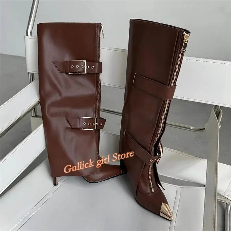 Leather Turn Over Buckle Strap Boots Stiletto Thin High Heel Sexy Pointy Toe Brown Black Leather Winter 2026 Women Dress Shoes