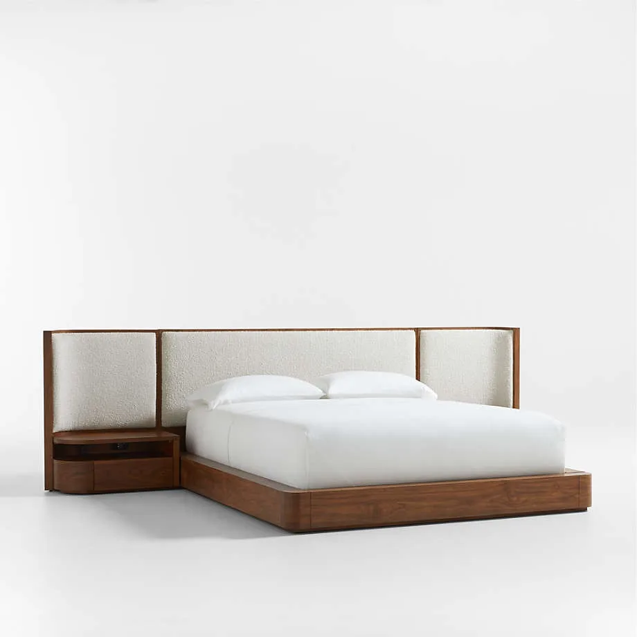 Modern Minimalist Walnut King Bed with Integrated Nightstands, Luxury Upholstered Bouclé Headboard, SolidWood Japan Platform Bed view 3