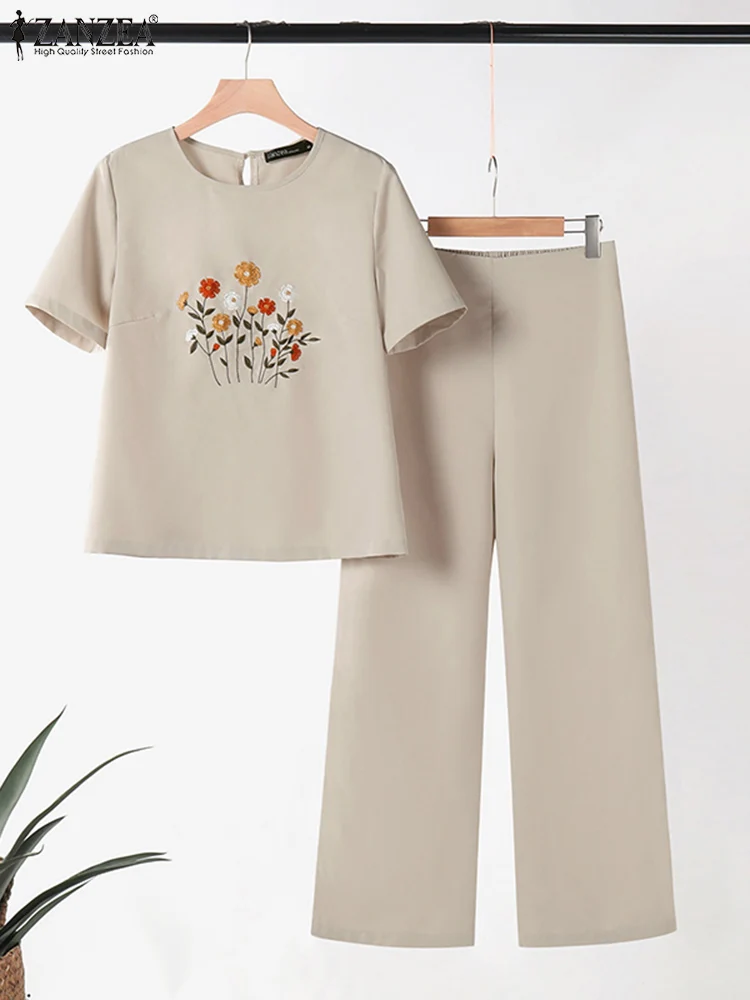 ZANZEA Summer Fashion Short Sleeve Embroidery Blouse Pants Sets 2PCS Women Matching Sets Casual Trousers Suits Loose Tracksuit