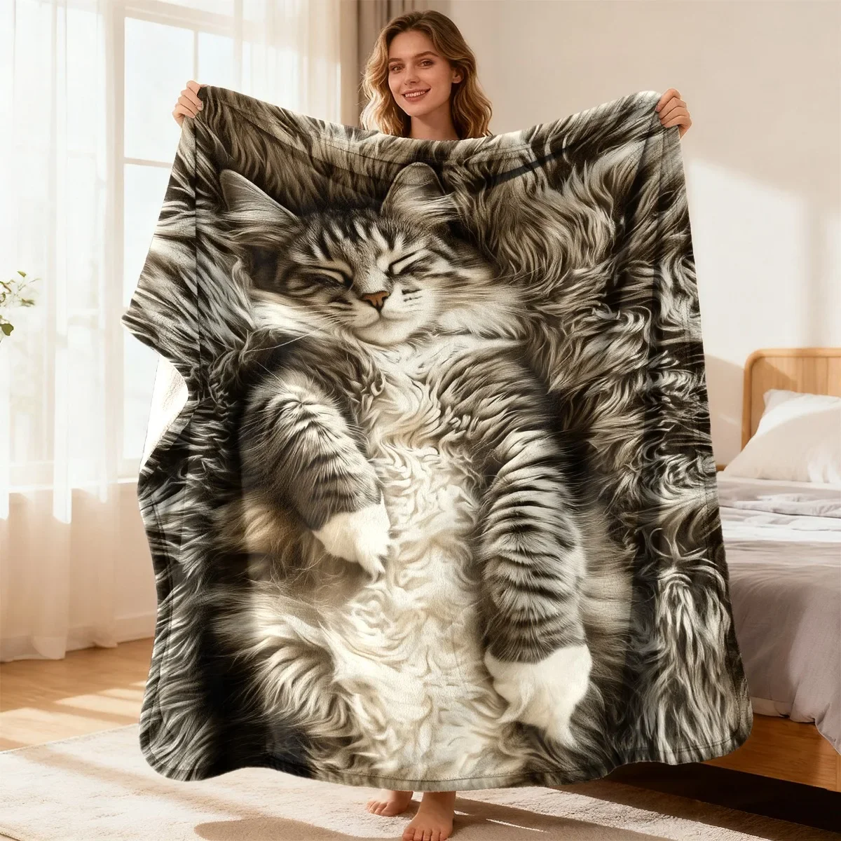 Extra Large Sleeping Norwegian Forest Cat Throw Blanket, Ultra‑Soft Comfortable Machine Washable Blanket for Sofa, Outdoor Use