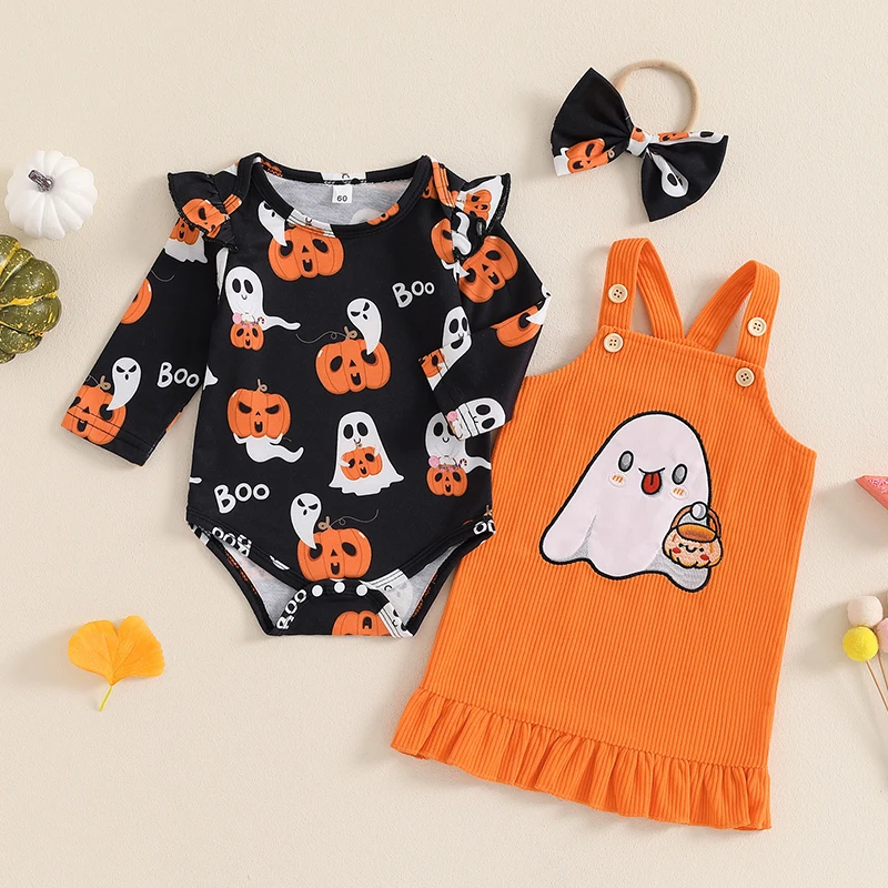 Newborn Infant Baby Girl Halloween Outfit Flying Sleeve Rompers Ghost Pattern Ruffled Overall Dress and Bow Headband 3 Pcs Set