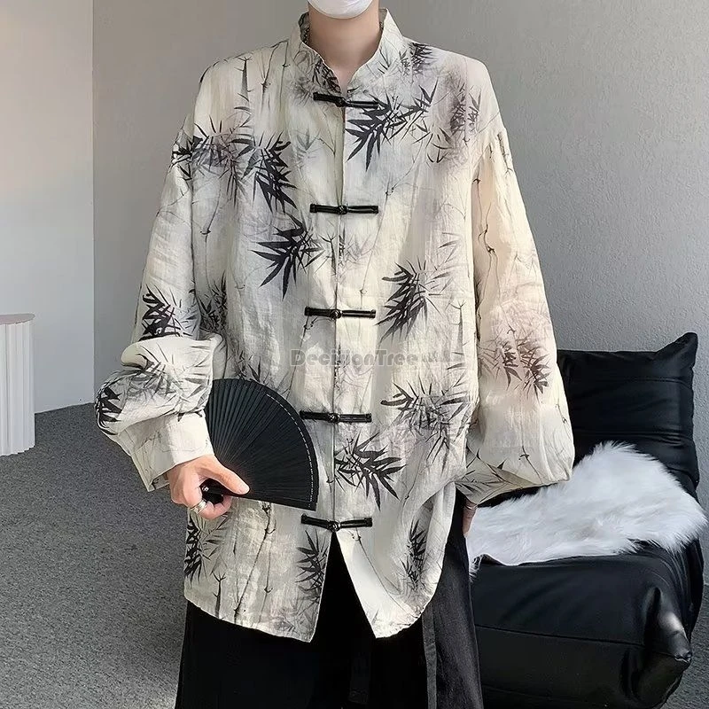 

2024 fairy ink bamboo printing literature art top chinese style daily improved thin tang suit top men fashionable retro shirt