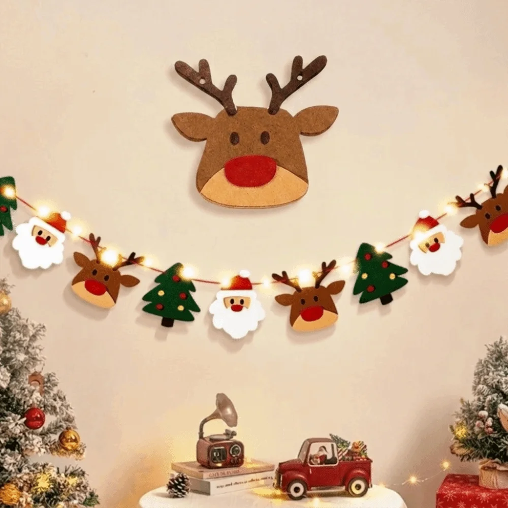 Ornament LED Light String Luminous Christmas Banner Handmade Felt Material Garland Polyester DIY Pull Flag Themed Party