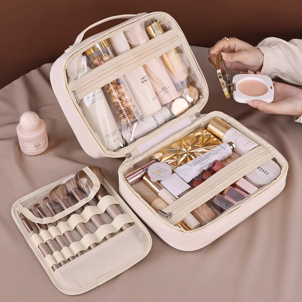 Women PU Leather Double Layer Travel Makeup Wash Clear Cosmetic Bag With Zipper Multi-Compartment Waterproof Toiletry Organizer