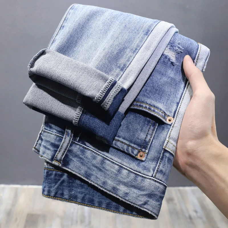 

2024 New Autumn Men's Jeans Korean Style Trendy Patchwork Color Block Ripped Patches Slim Fit Skinny Long Pants