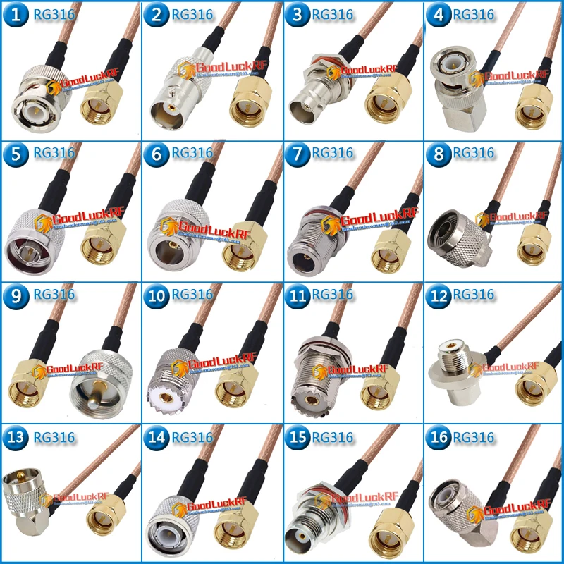 

SMA Male to L16 N Q9 BNC TNC UHF PL259 SO239 Male Female Right Angle 90 Degree Washer nut Pigtail Jumper RG316 extend Cable