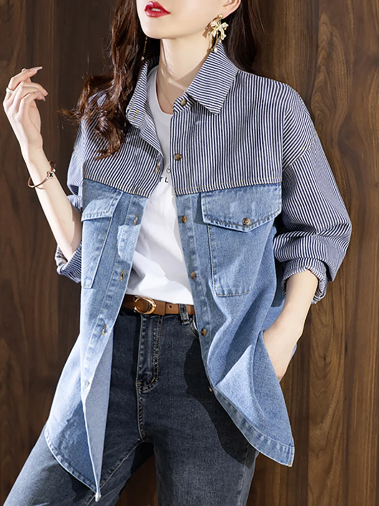 

New Denim Splicing Stripe Design Coat Women's Wear Spring Autumn Winter New Style Single Breasted Elegant Small Windbreaker Top