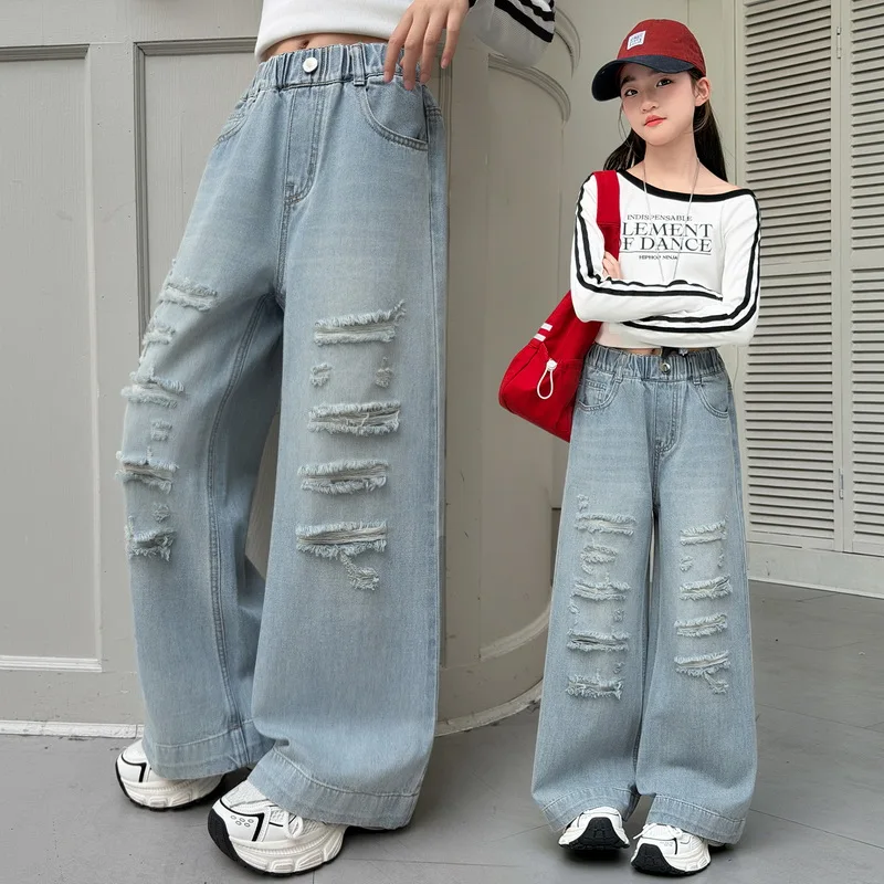 Girls Spring Ripped Jeans With Hole Kids Casual Style Destroyed Denim Pants Spring Autumn Child High Street Trousers 4-14 Year