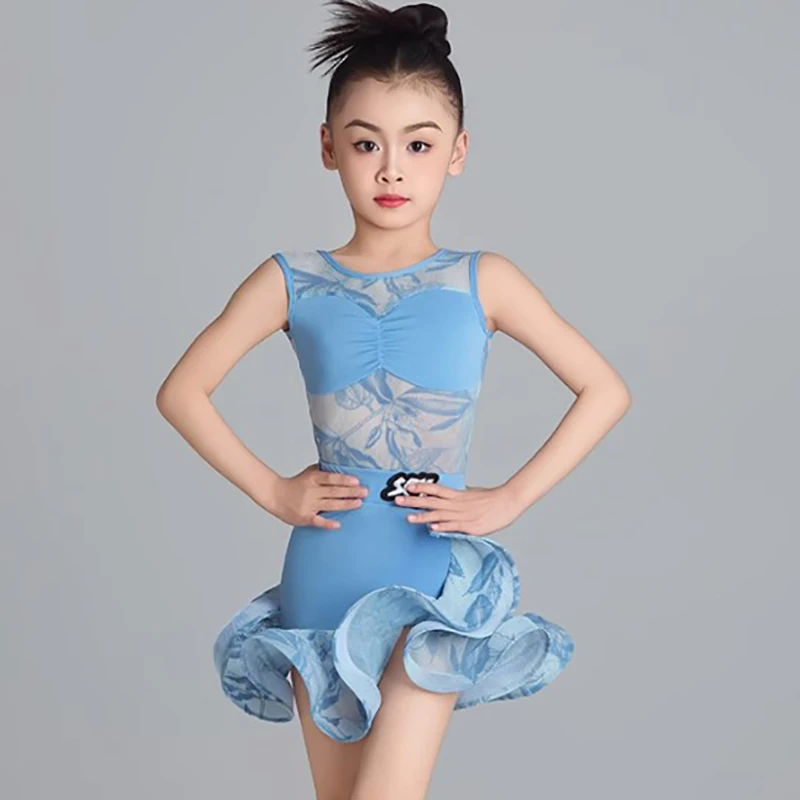 

Kids Girls Sleeveless Print Latin Dance Bodysuit and Fishbone Skirt Suits Ballroom Rumba Dancewear Training Performance Costume
