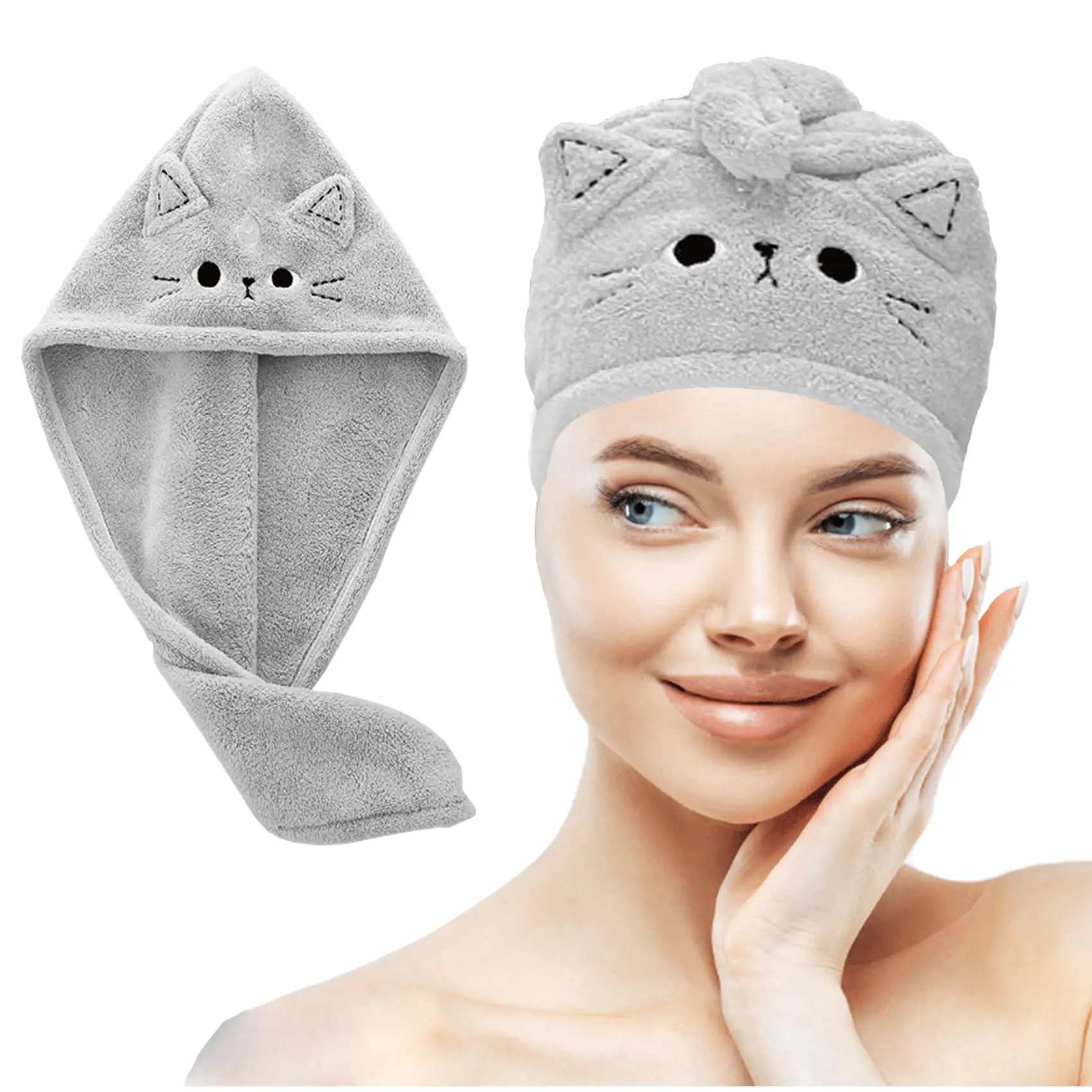 Mikrofiber saç havlu kedi baskı sevimli saç havlu Wrap kadınlar kızlar için hızlı kuru Plopping saç Turbans için islak/kıvırcık saç saç kuru