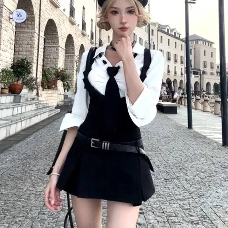 Camicia patchwork in pizzo Set generale Uniforme scolastica stile college Set due pezzi Gonna corta snellente a vita alta Set due pezzi