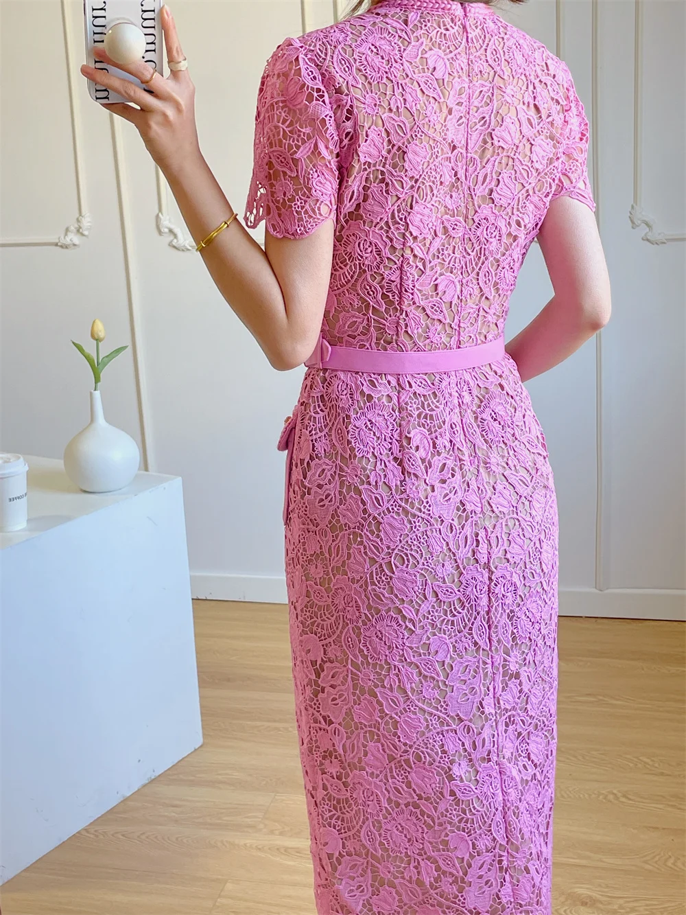 Imagem -02 - Mulheres Pink Lace Bordado Vestido Longo Square Collar Souble Flor Metal Botão Decoração Lady Straight Midi Dress