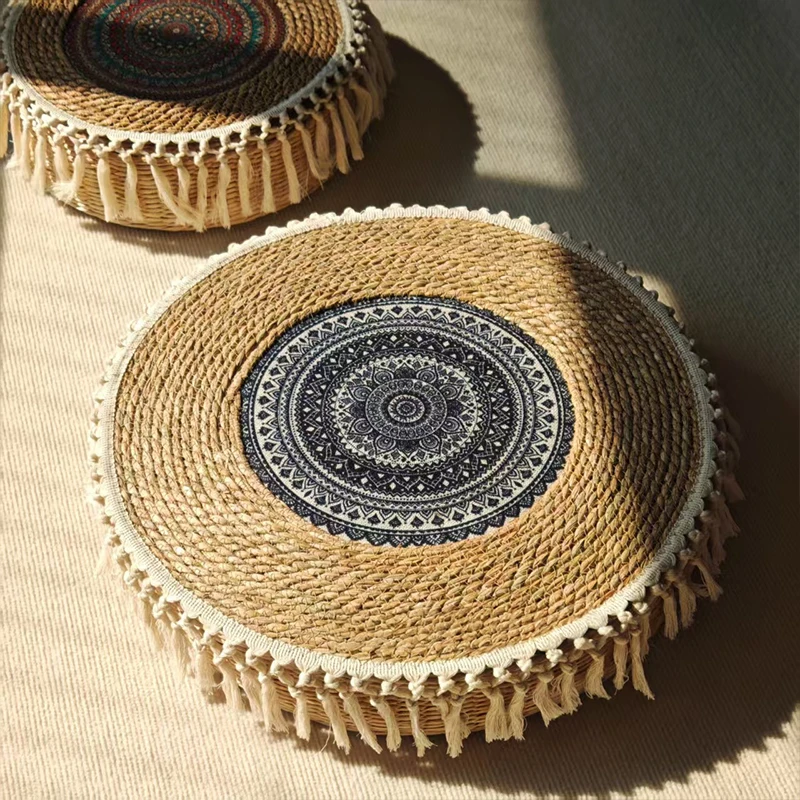 Straw Tatami Tassel Futon Seat Cushion Single-layer Thin Straw Rattan Yoga Seat Mat Buddha Meditation Zen Worship Kneeling Mat