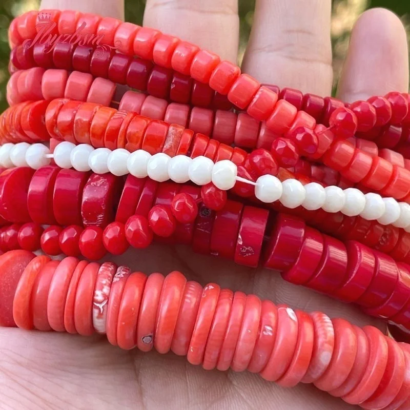 Coral Red Orange White Rondelle Drum Spacer Stone Beads for DIY Accessories Necklace Bracelet Charms Jewelry Making 15 Inch