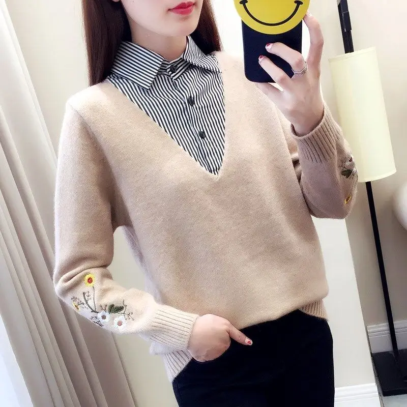 

Осень-зима 2024, Новое поступление, имитация двух предметов, Свитера с воротником-рубашкой, вязаная одежда, женские стильные универсальные свободные пуловеры