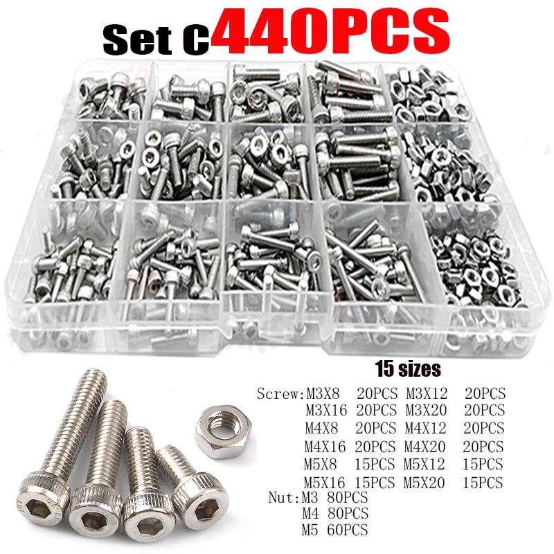 

320/440/480pcs M2 M3 M4 M5 304 Stainless Steel Hexagon Socket Bolt and Nut Round Head Screw Bolt Nut Set Assortment Kit Box