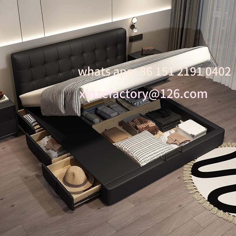 

Customizable Italian minimalist leather bed master bedroom high-end atmosphere simple modern storage double black thin bed