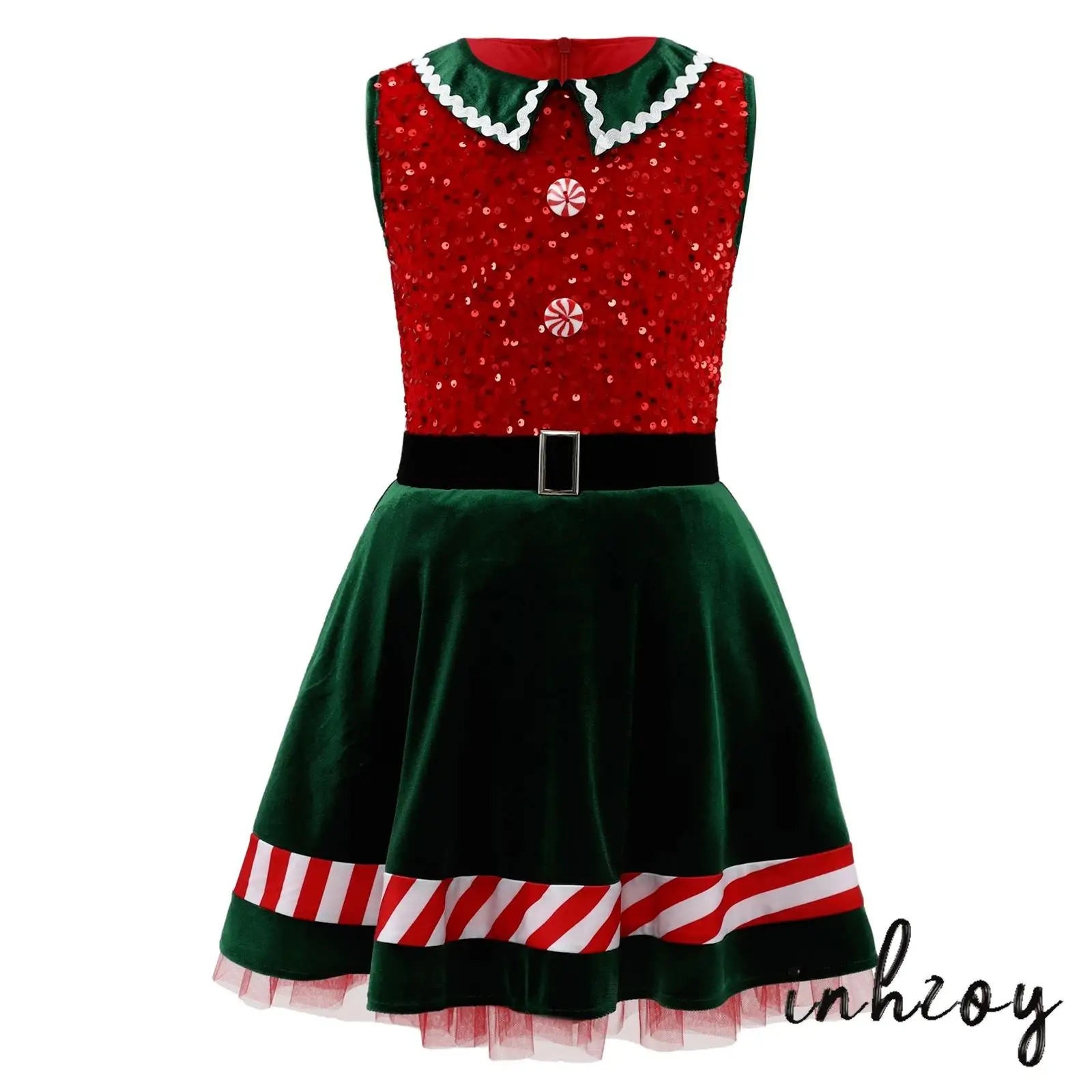 

Kids Girls Christmas Elf Cosplay Costume Contrast Color Turn-Down Collar Sleeveless Tutu Dress Princess Santa Christmas Dress