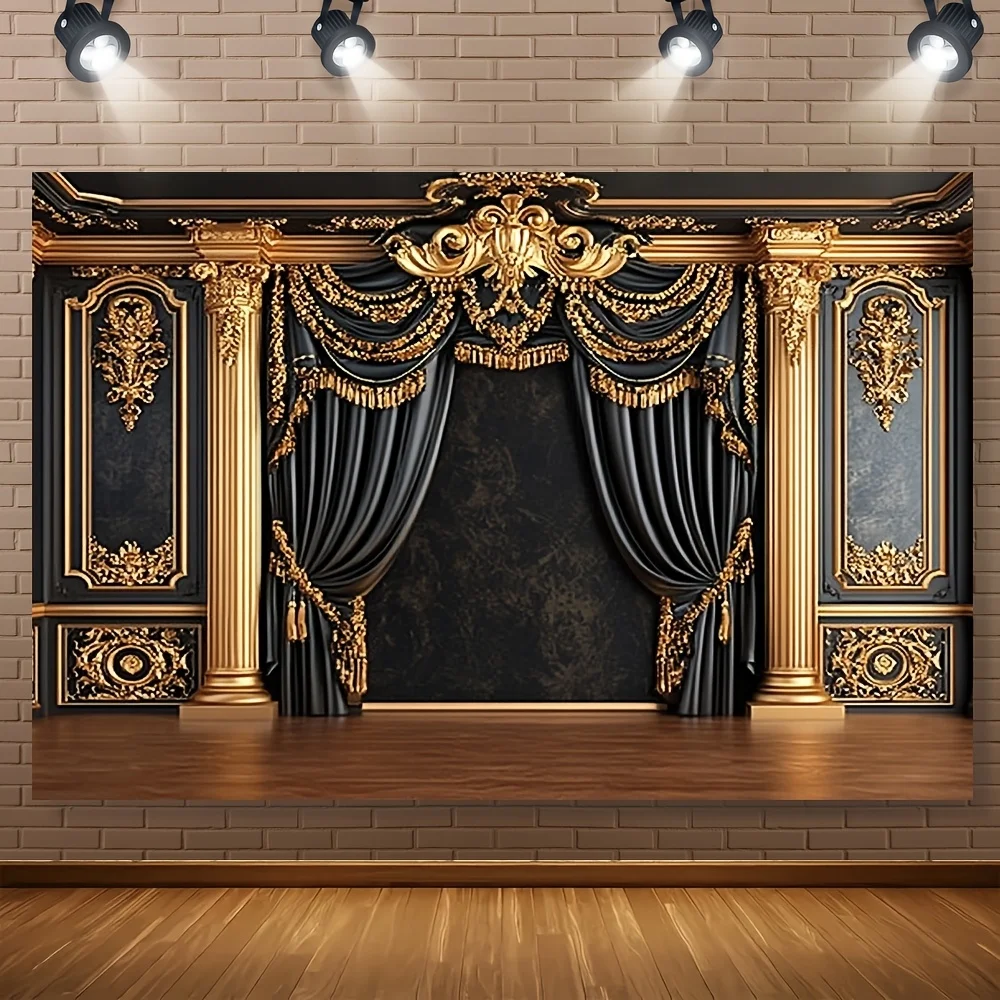 Ein elegantes schwarz-goldenes Luxus-Bühnenhintergrundleinwand mit modischem Thema und gewebter Polyesterfaser