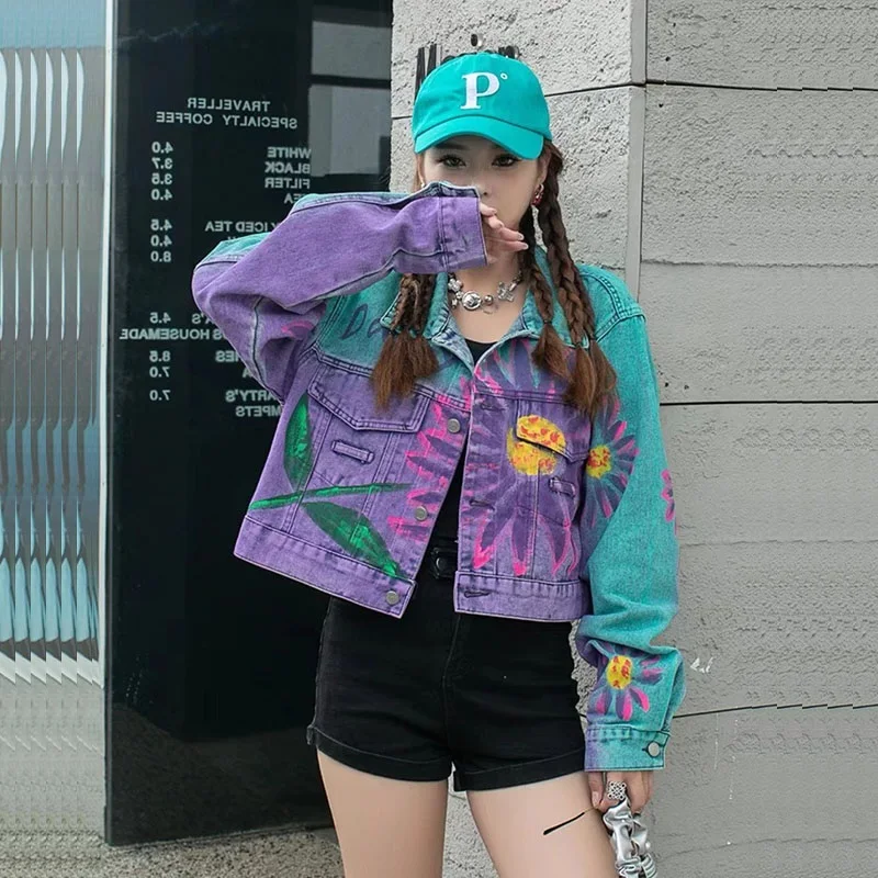 Fashion Hand-painted Graffiti Letters Flower Print Gradient Denim Jacket Women Casual Short Coat Spring Autumn Korean Streetwear