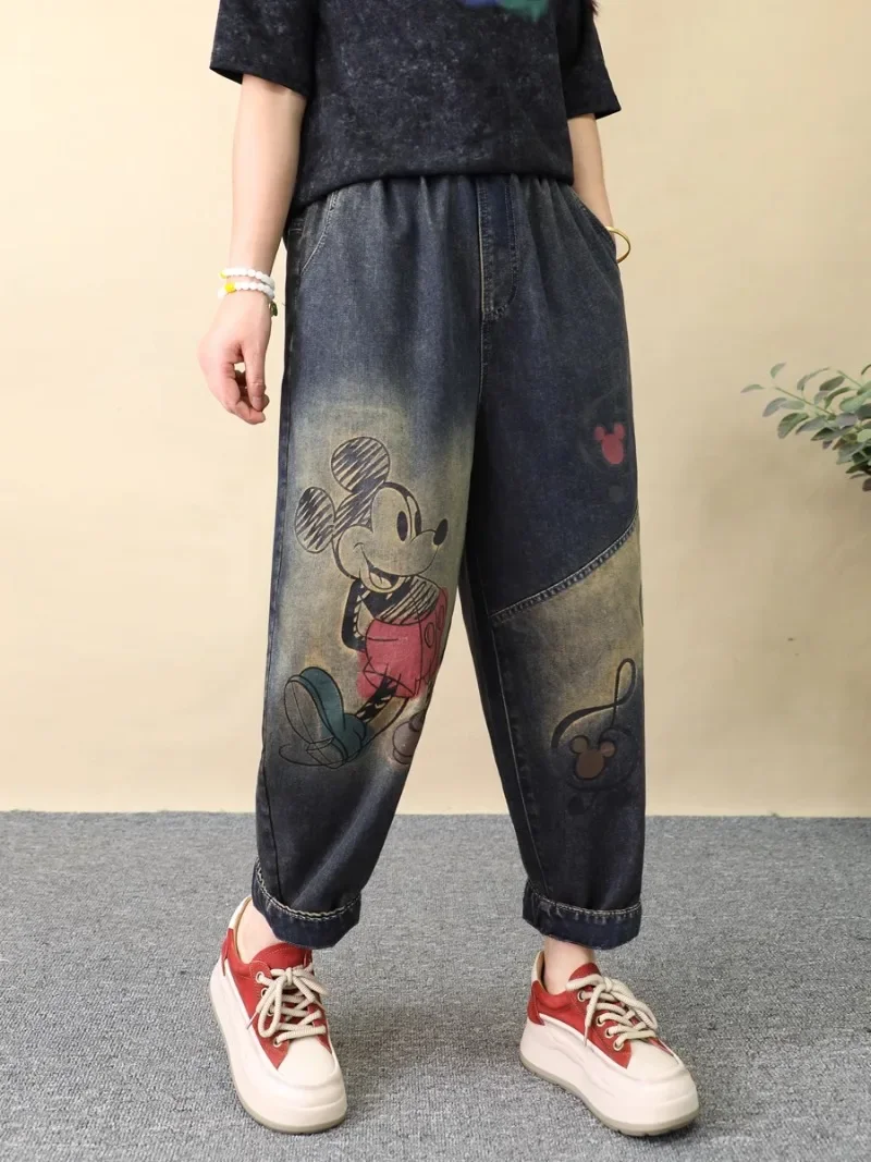 Autumn New Retro Gradual Change Color Cartoon Print Jeans Women's Loose Oversized Splicing Nine Points Denim Harlan Pants Female