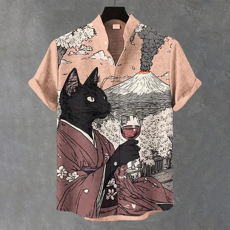

Мужская элегантная повседневная рубашка с черным котом и принтом красного вина, модная летняя туника в японском стиле с коротким рукавом и воротником-стойкой