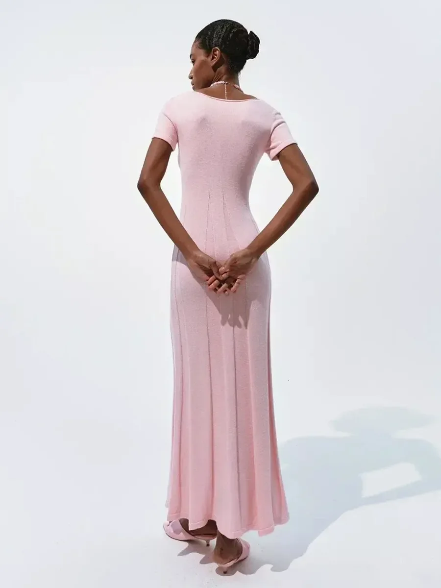 Bornladies 2026 Frühling Sommer Neues Kurzarm-Strickkleid mit V-Ausschnitt, Schlitz und Schlanker Passform – Detail 13