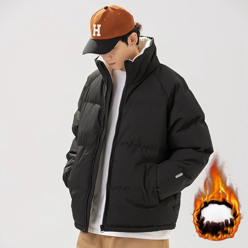 KIDWHXR Winter Man Jacket Thicken Warm Simple Solid Parkas Coat Men Loose Stand Collar Windproof Outdoor Casual Male Outerwear