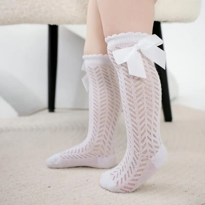 R66D Knee High Length Socks Children's Socks with Hollowed Out Mesh, Baby Bowknot Socks for Daily Outfits