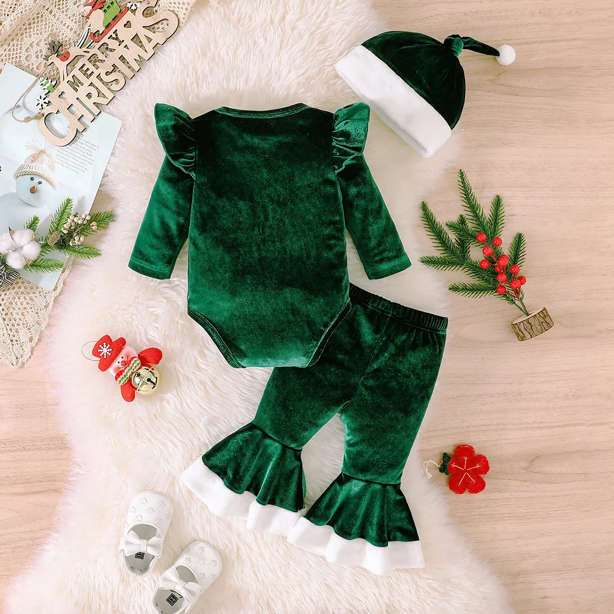 3Piece Autumn Winter Baby Girl Outfit Set Christmas Cute Letter Fleece Long Sleeve Bodysuit+Flare Pants Newborn Clothes BC659