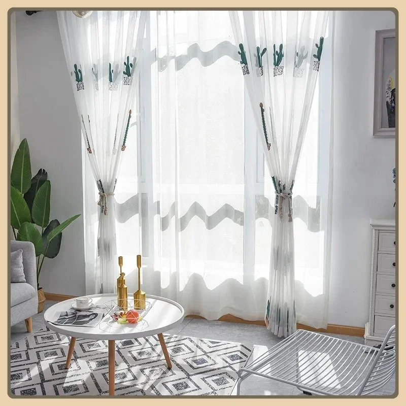 Spot Cactus Curtains for Living Dining Room Bedroom Succulent Embroidered Green Balcony Fresh Curtains Grace White Tulle Decor