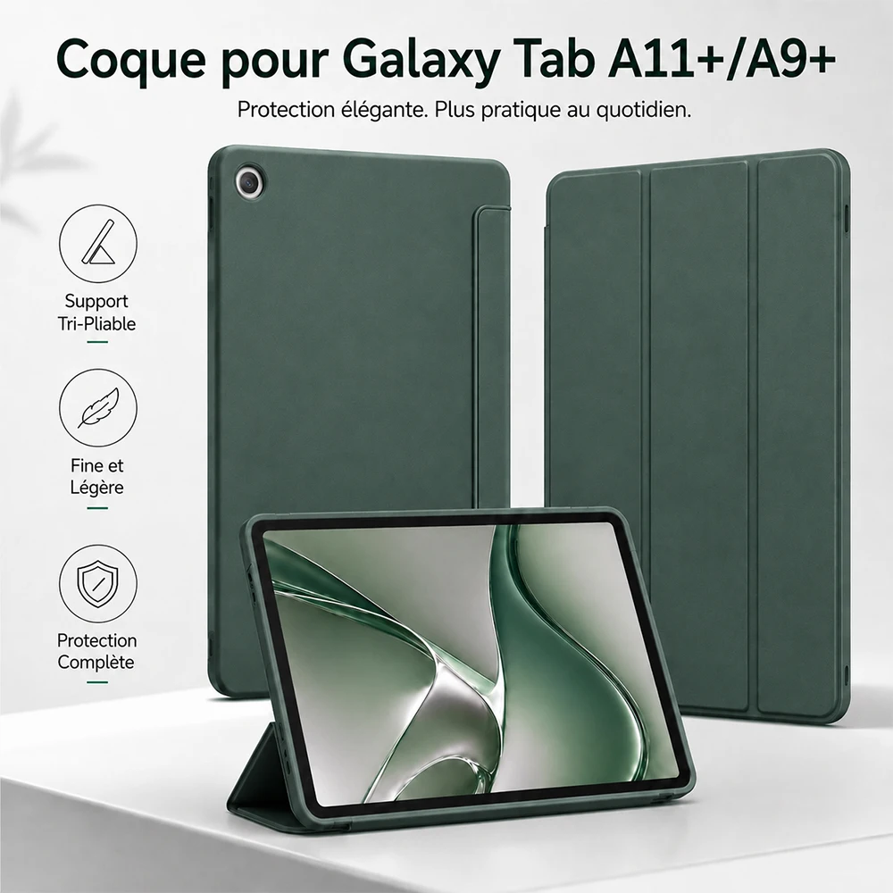Coque pour Samsung Galaxy Tab A9 Plus 2023 et A11 Plus 2025 Fine avec Support Pliable en Trois Volets Réveil et Veille Automatiques Antichoc