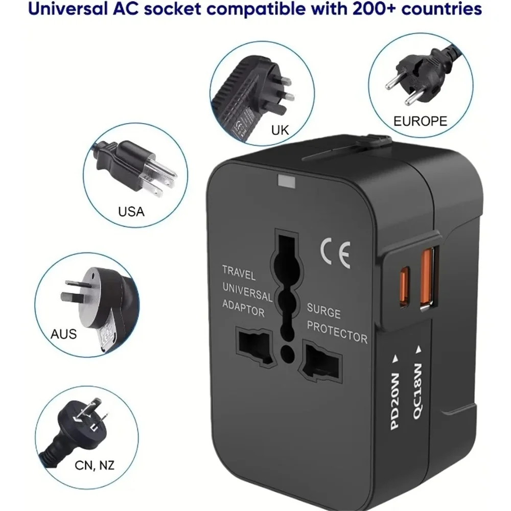 Universal Travel Adapter PD20W + QC18W Fast Charger 1 USB + 