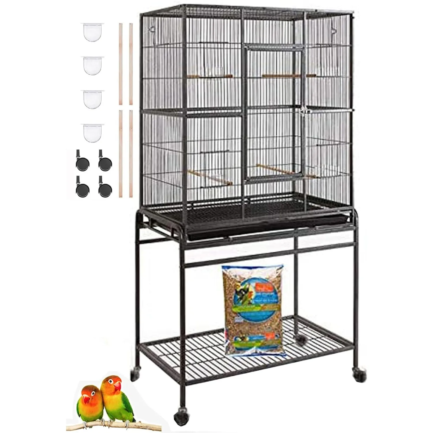 54" Large Wrought Iron Metal Bird Flight Breeder Cage with Side Breeding Nest Doors with Removable Rolling Stand