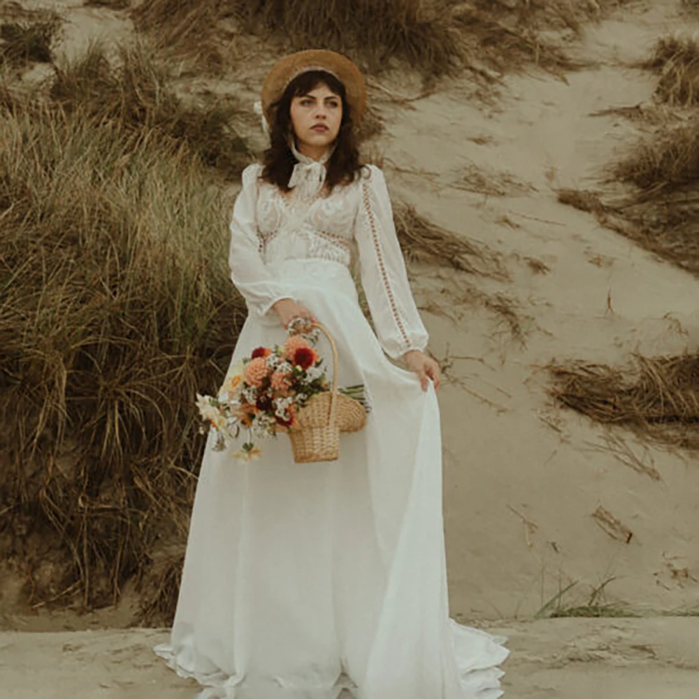 Customized Boho Cutout Elopement Bridal Gowns Chiffon A Line Lace V Neck Woodland Lightweight Long Bishop Sleeves Wedding Dress