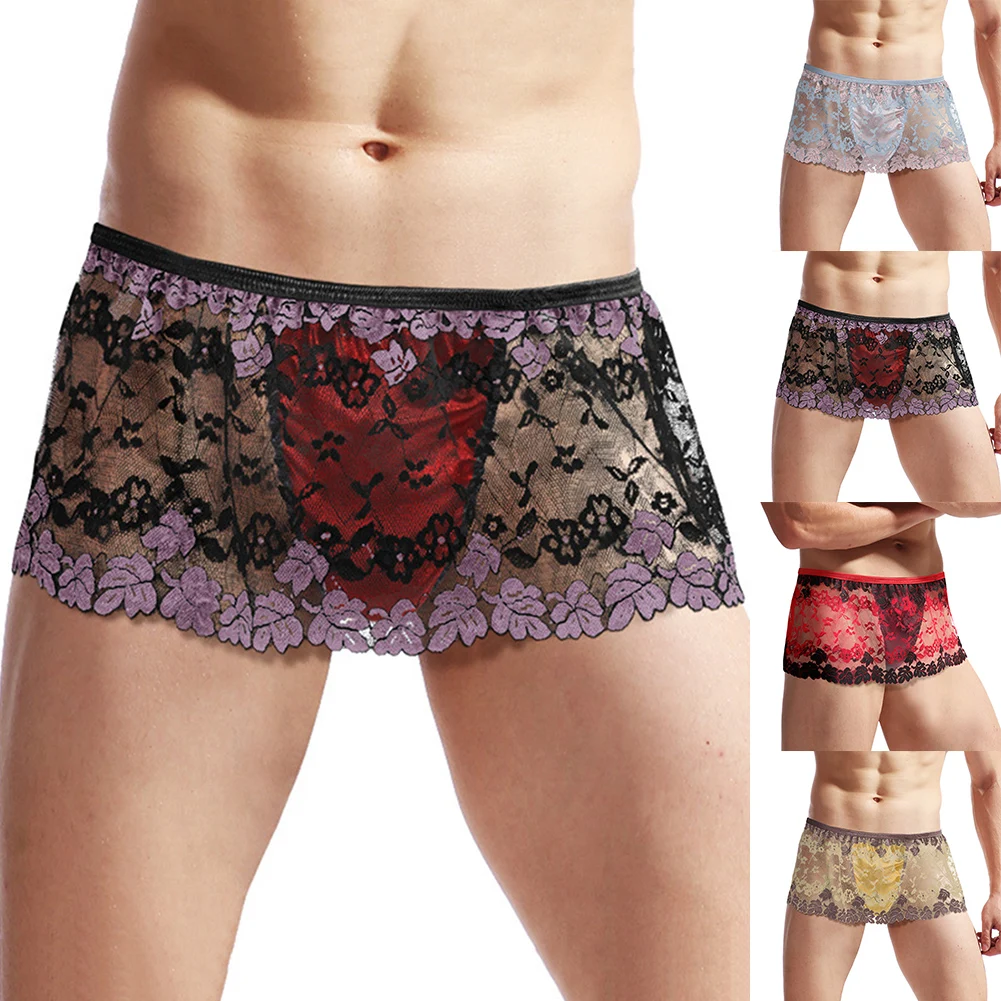 Sexy Men Lace Lingerie Skirt Clubwear Bullet Separation Man Sissy Pouch Panties New Male See-Through Underwear Briefs Nightwear