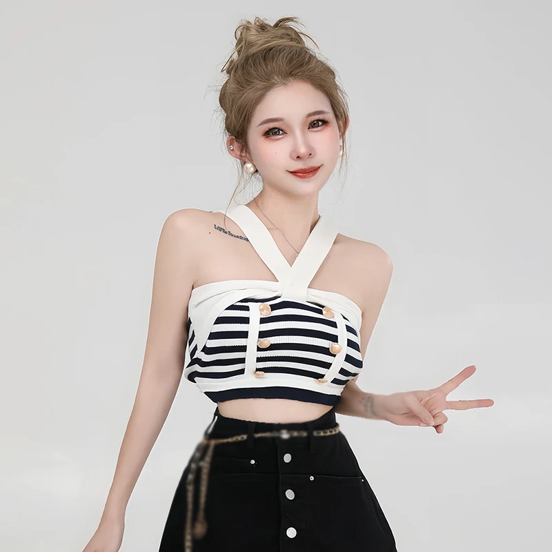 Sleeveless Tank Tops Expose Navel Stripe Women's Tank Top Korean Version