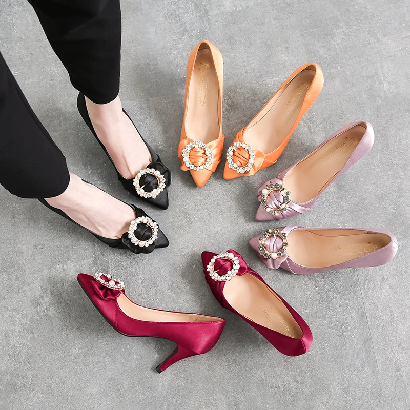 

Spring and summer new sexy pointed silk pearl rhinestone buckle women's shoes banquet wine red high heels national style shoes.