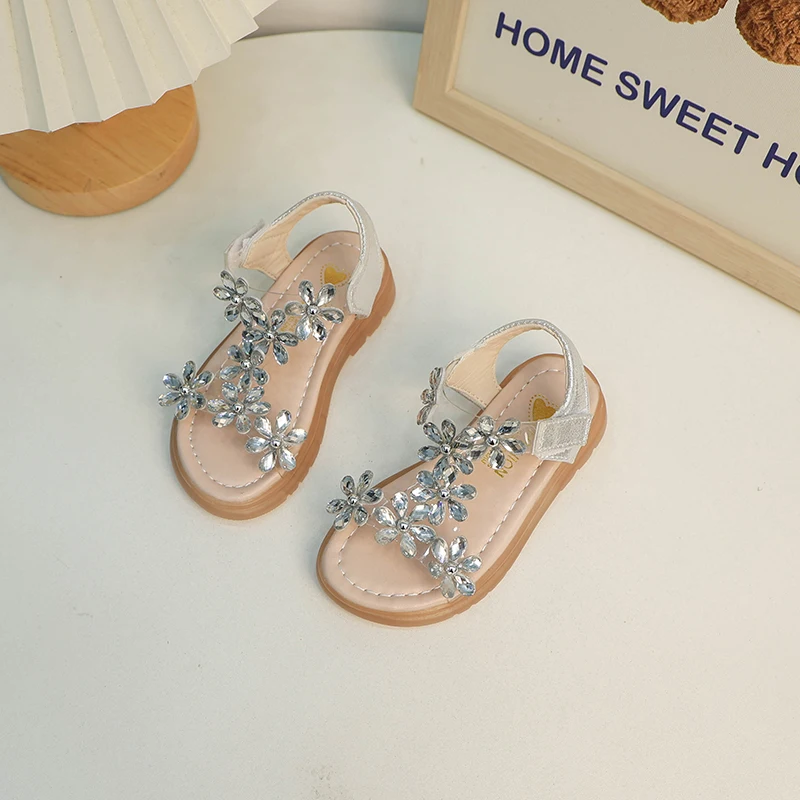 2024 Summer Girls Sandals Flower Crystal Princess Shoes Kids Fashion Rhinestone Beach Children Anti-slip Ankle Strap Shoe