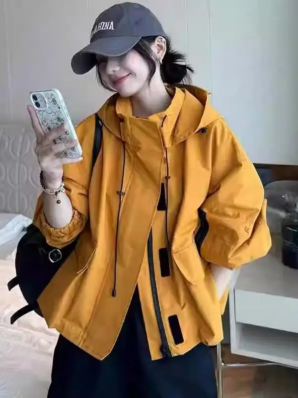 Women's Drawstring Hooded Workwear Jacket Outerwear Autumn 2024 Loose Fit Long Sleeve Zipper Closure Fashionable Top
