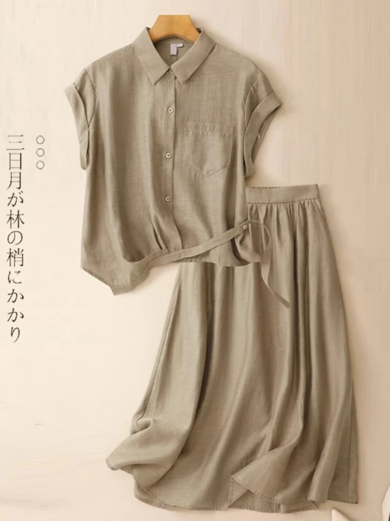 Advanced Linen Suit Skirt For Women Summer Thin Loose And Casual Rolled Edge Short Sleeved Shirt Temperament Two-Piece Set W212