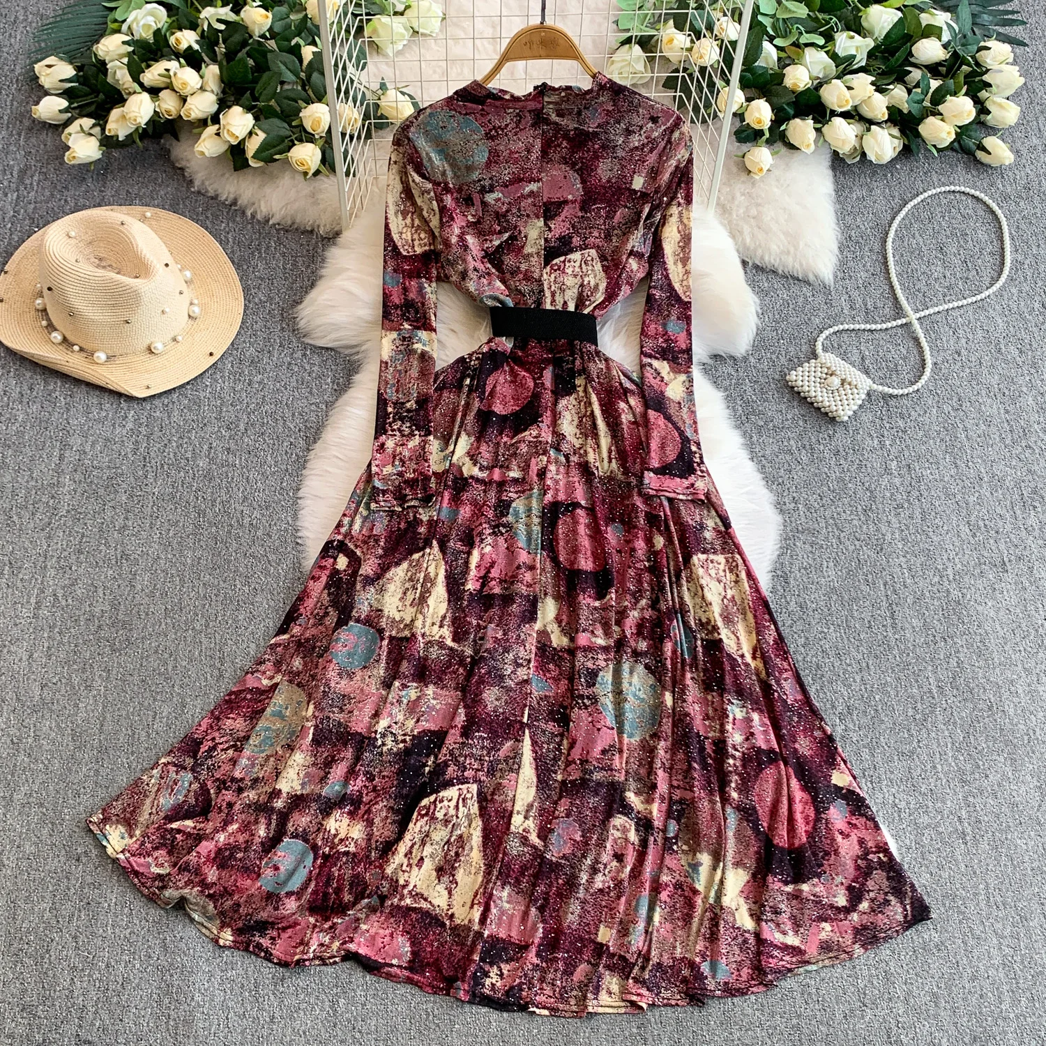 Abito vintage chic a maniche lunghe con scollo a V increspato glitterato Fata moda coreana Boho Sundress abbigliamento donna