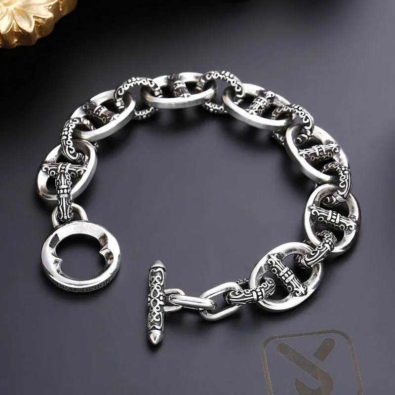 S925 sterling silver bracelet men's thick horseshoe chain thai silver retro distressed trendyy personalized rock jewelry
