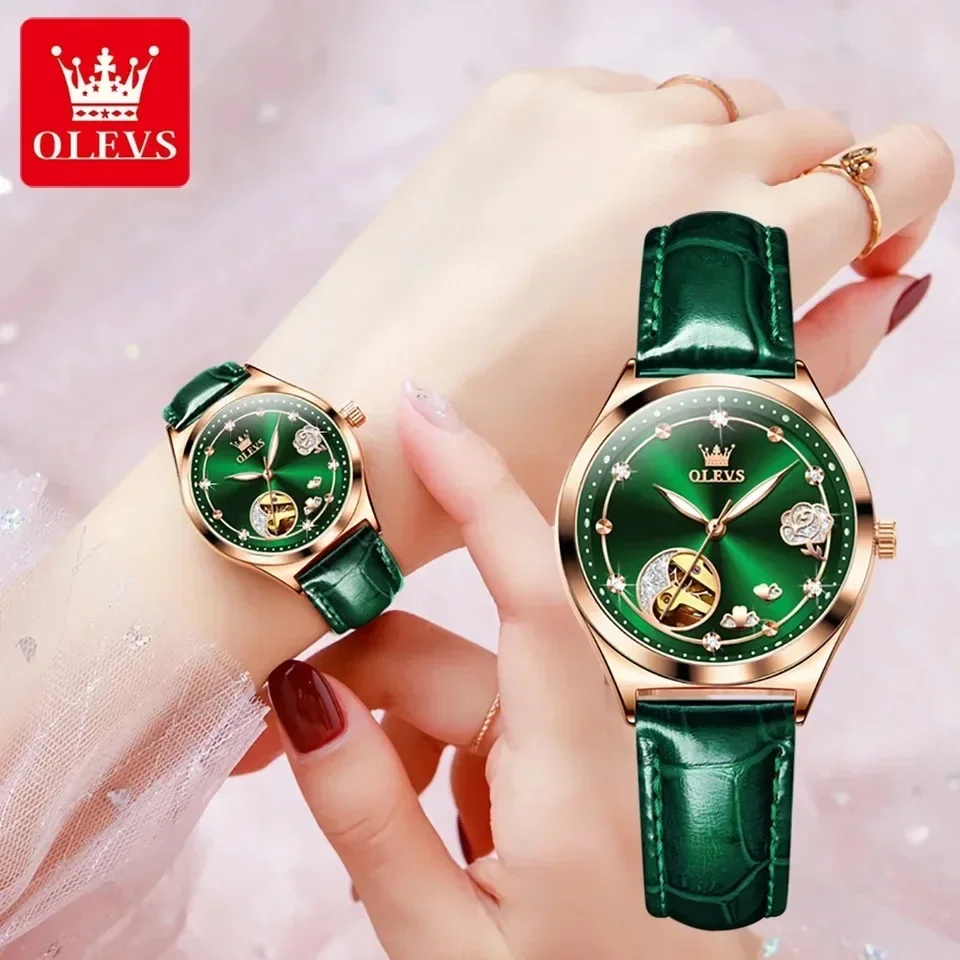 OLEVS-Reloj mecánico automático para mujer, correa de cuero con esfera de diamante, relojes de pulsera luminosos impermeables, conjunto de regalo