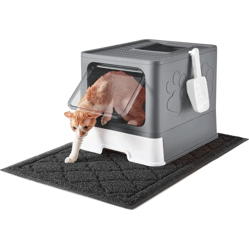 Cat Litter Box with Litter Mat and Scoop, Large Foldable Litter Box with Lid, Front Entry Top Exit Kitty Box