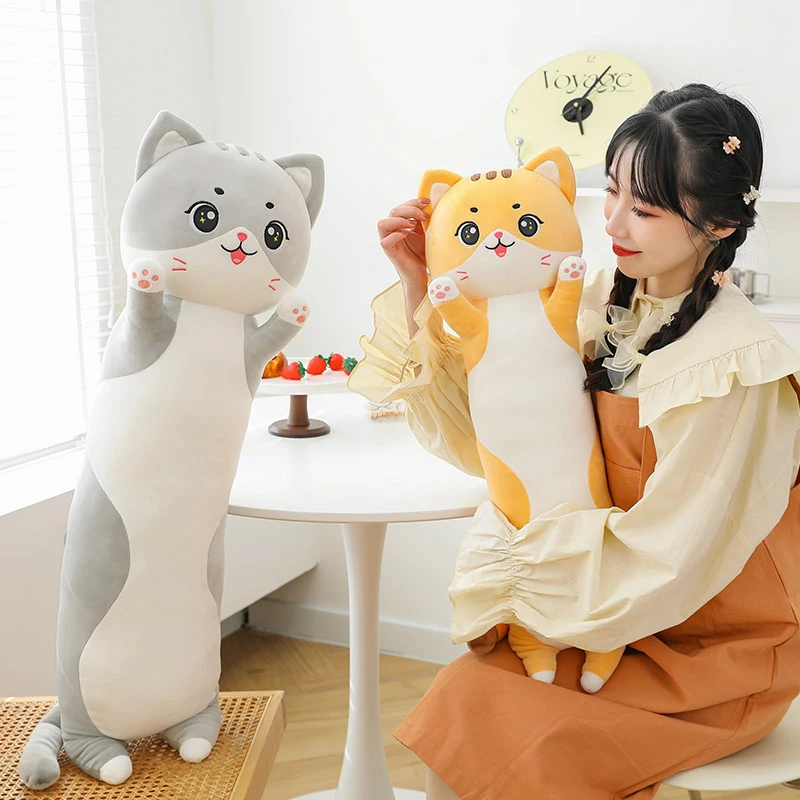 Süßes und weiches langes Katzen-Plüschtier, Ultra-Kawaii-Katzen-Umarmungskissen, Körpertier, schlafender Begleiter, Kindergeburtstagsgeschenk – Detail 8
