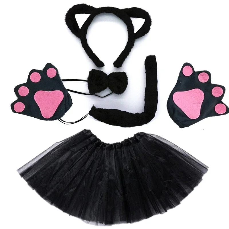 Kind Meisje Vrouwen Pailletten Zwart Pluche Kat Dier Kostuum Hoofdband Rok Staart Tutu Bowtie Set Cosplay Party Kerstmis Halloween